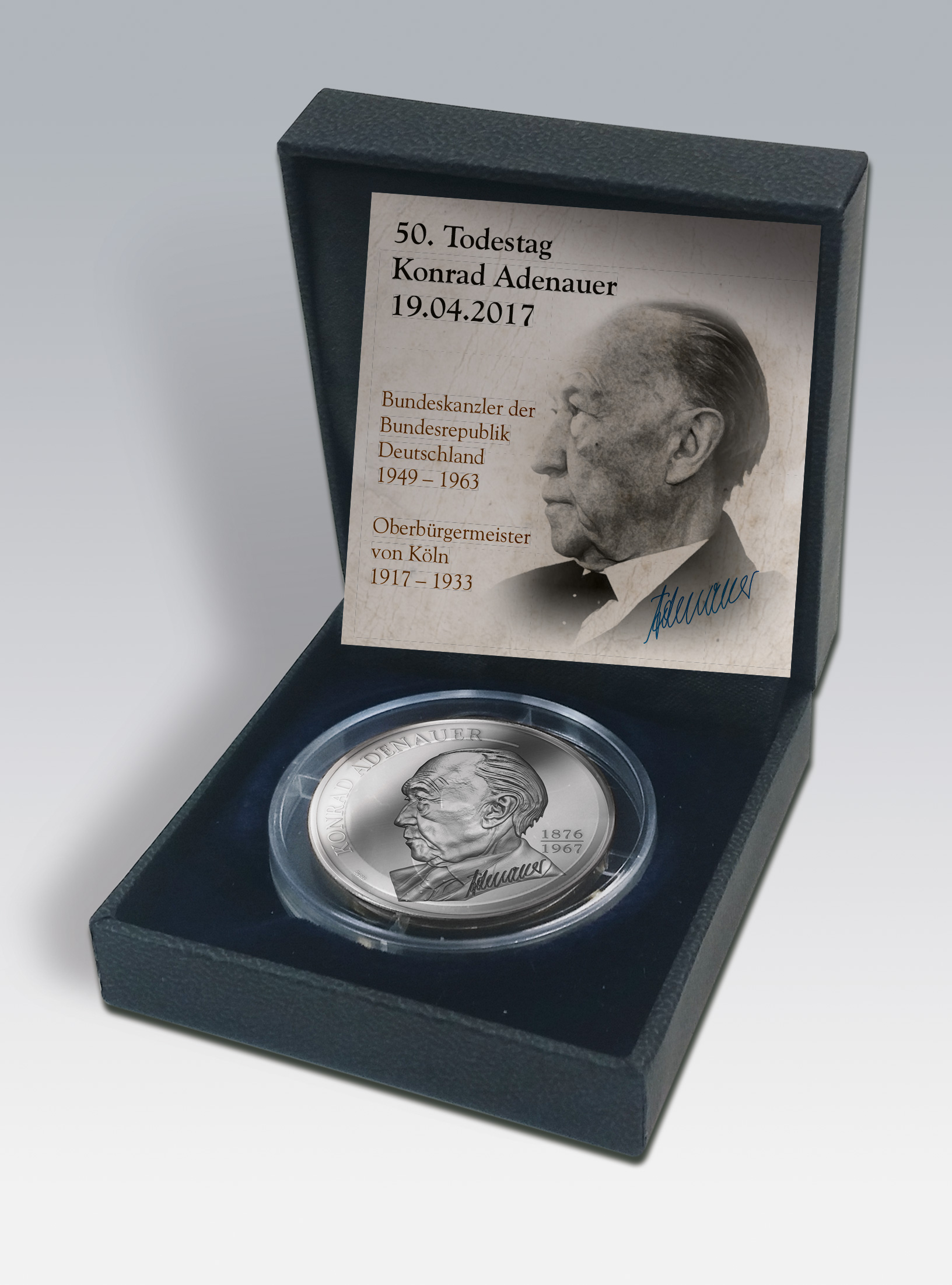 Sonderprägung: Konrad Adenauer Medaille 50. Todestag in Feinsilber oder  Feingold | Muenzen fuer Koeln